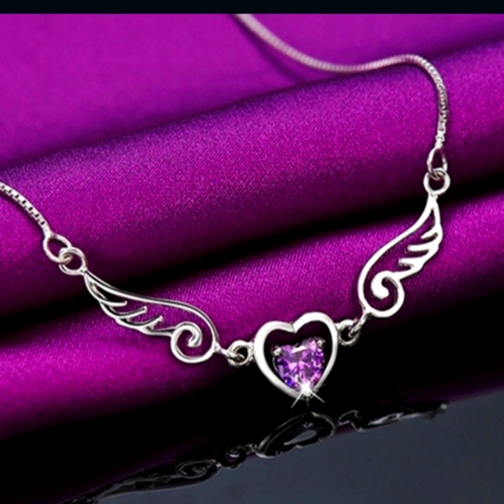 Unique angel wing amethyst simulated stone  necklace sterling silver 925